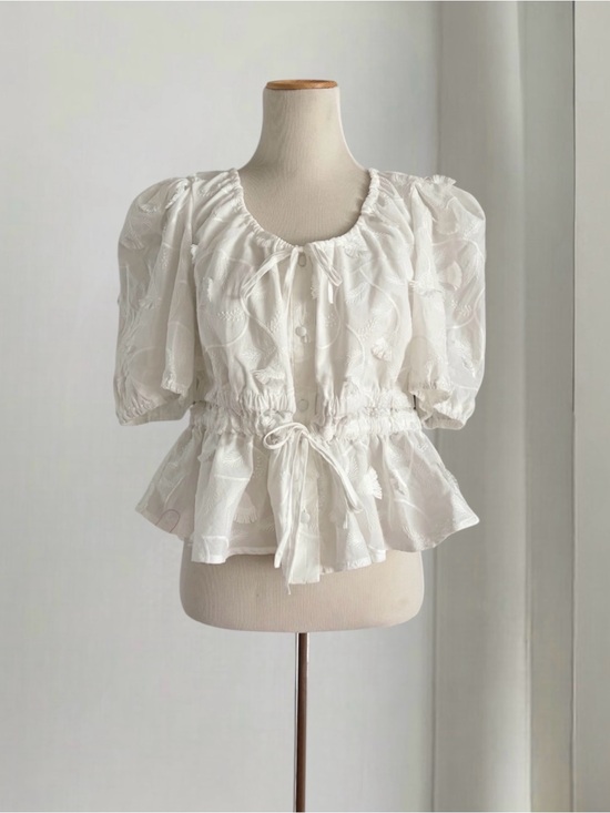 Joie Tops - Joie White Embroidered Puff Sleeve Peplum Top